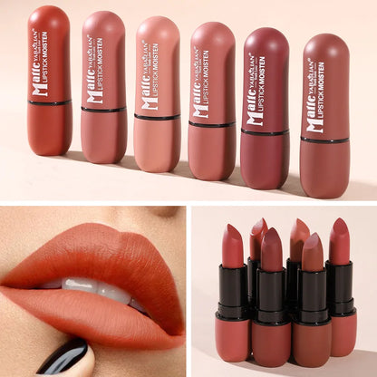 6-Color Matte Lipstick: Velvet Lip Color, Smooth, Waterproof, Long-Lasting Color Lip Makeup